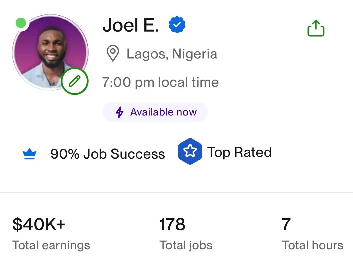 Joel E. in Lagos, Nigeria: Top Rated Upwork profile showing $40K+ total earnings, 178 total jobs and 90% Job Success